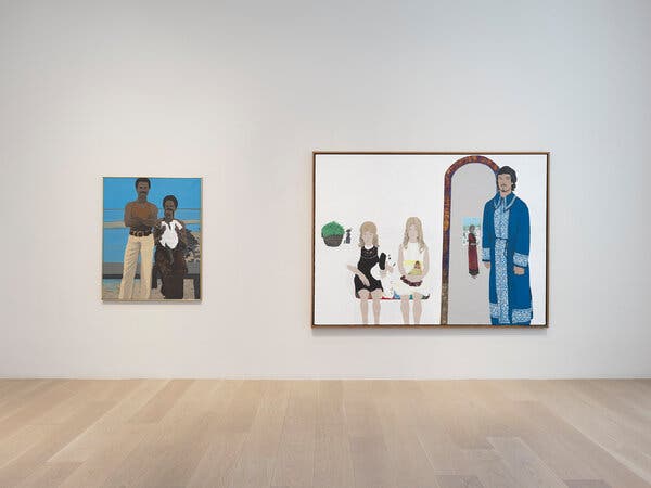 Two paintings in a gallery. One with blue background shows a man, woman and a baby. A painting at right shows two girls seated, a doorway and a man in a long blue robe.