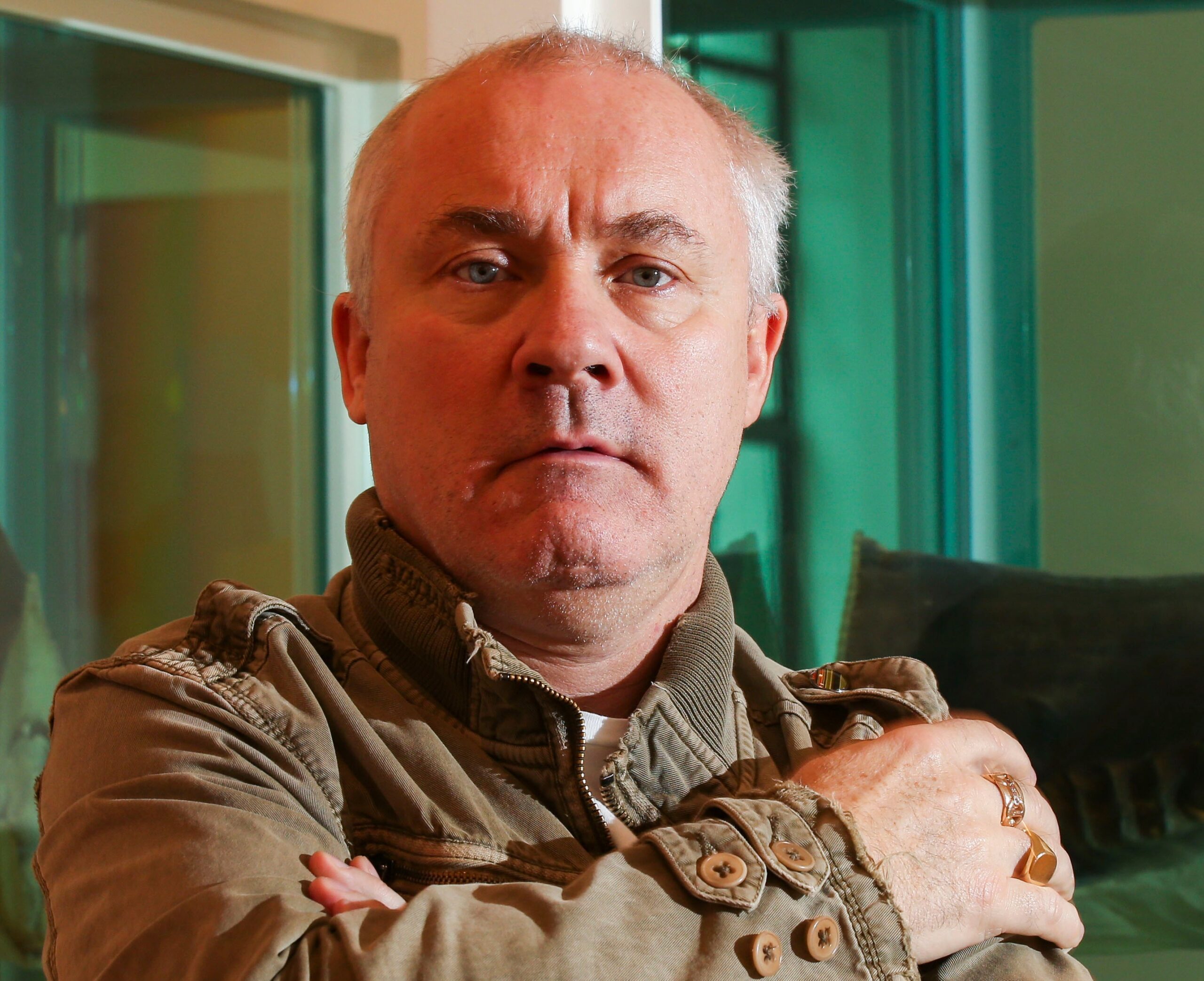 Portrait of Damien Hirst at the Gagosian Gallery.