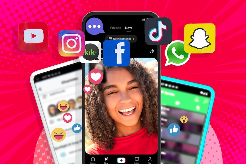 A composite pic of phone screens with social media app logos against a red background