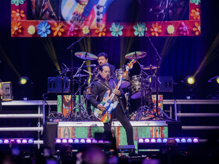 Hernán Hernández plays his bass guitar for hundreds of fans in Madison Square Garden in Midtown, New York City, New York, U.S., on Friday, May 24, 2025.