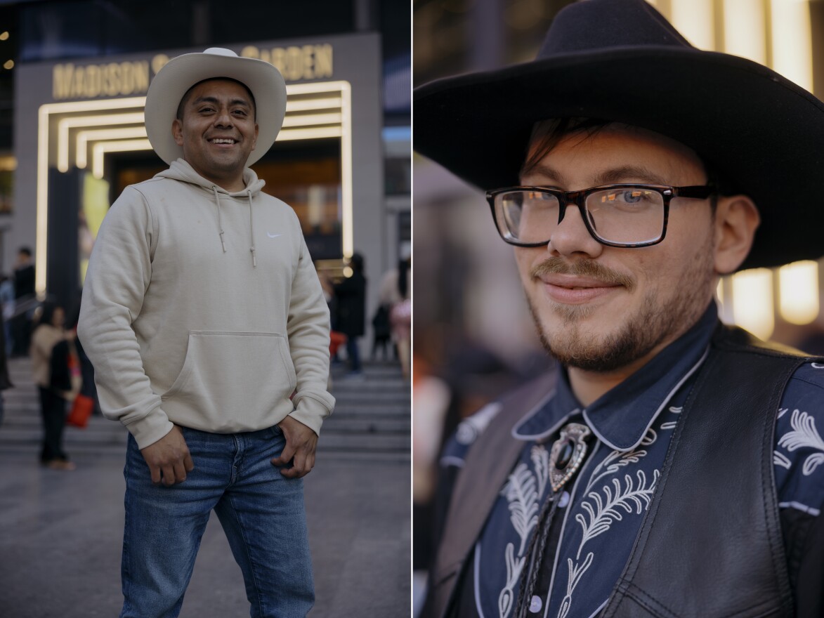 Left photo, Ernesto Sanchez a vendor selling hats to fans of the norteño band Los Tigres del Norte outside of Madison Square Garden before the start of the Sinaloa, Mexico band's show at Madison Square Garden. Right photo, Brian Contreras is ready for the start of the show.