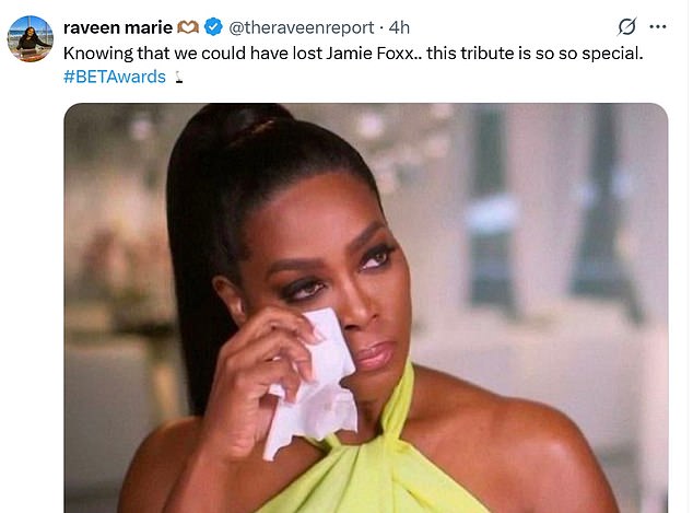 Fans took to X to react to the tribute, including Raveen Marie (@theraveenreport) who said, 'Knowing that we could have lost Jamie Foxx.. this tribute is so so special'