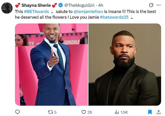 Shayna Sherie (@TheMogulGirl) added, 'This #BETAwards salute to @iamjamiefoxx is insane !!! This is the best he deserved all the flowers ! Love you Jamie #betawards25.'