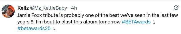 Kellz (@Mz_KellieBaby) added, 'Jamie Foxx tribute is probably one of the best we’ve seen in the last few years !!! I’m bout to blast this album tomorrow.'