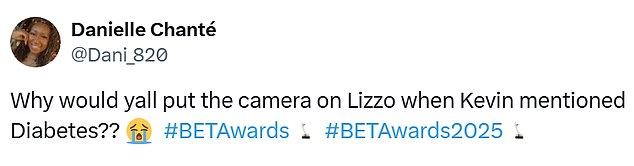 Danielle Chanté (@Dani_820) said, 'Why would yall put the camera on Lizzo when Kevin mentioned Diabetes??'