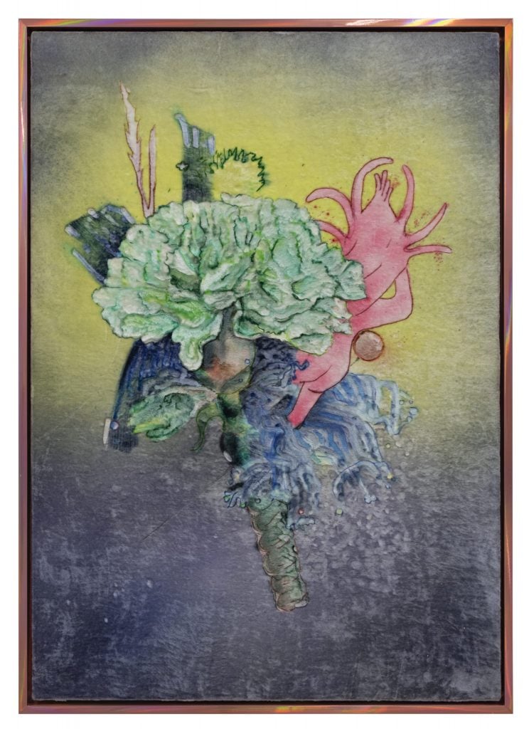 A colourful painting of flowers on velvet.