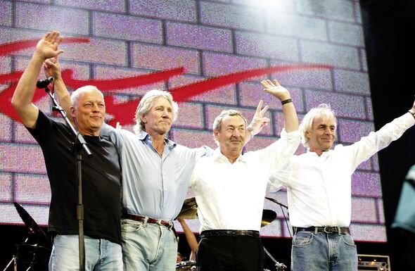 David Gilmour, Roger Waters, Nick Mason and Rick Wright from the band Pink Floyd on stage at 