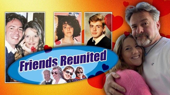 A montage of imagery of a couple who re-met on Friends Reunited through the years. They appear to be a happy couple. The Friends Reunited logo all features in the collage.