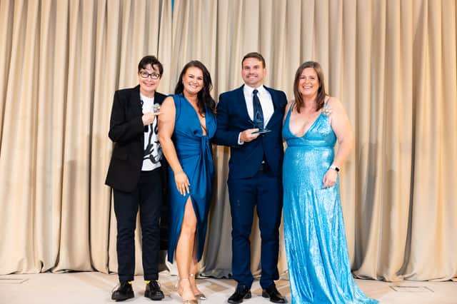 Welsh business Home of Nail Art, on a mission to improve safety standards in the beauty industry, won Small Business of the Year at the Small Awards; photographed with Sue Perkins (left) and Michelle Ovens CBE (right)