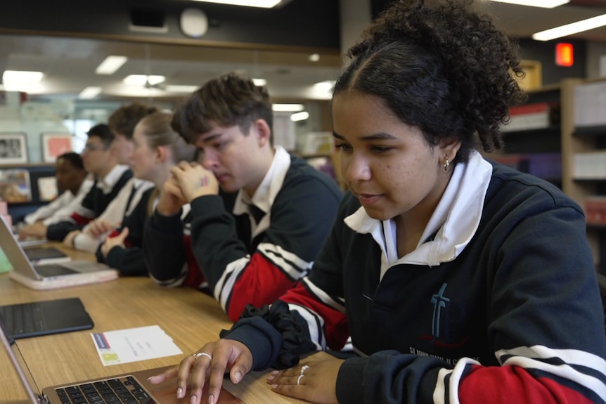 A young schoolgirl with brown skin looking at a laptop in a classroom