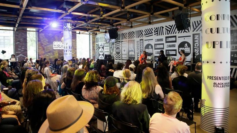 A packed room for the Women Shaping the Future of Music panel, presented by the Recording Academy’s Women In The Mix, at GRAMMY House NYC on Friday, June 13, 2025. The room shows a room full of panel attendees seated in seats.