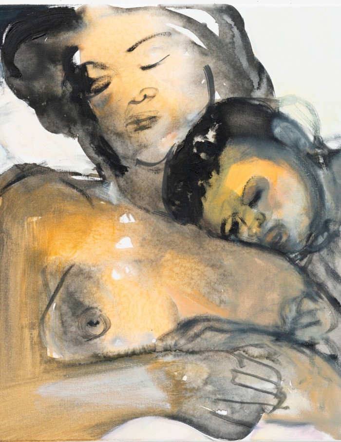 A painting of a top-less woman lying with a child on her chest