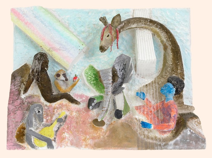 Childlike, naifish painting on styrofoam of various animals (including a giraffe, an elephant and an ape) crossing some kind of threshold into a world with a rainbow on the horizon. A human appears to be playing the harp on the right of the painting, an animal appears to be playing a guitar on the left hand side of the painting