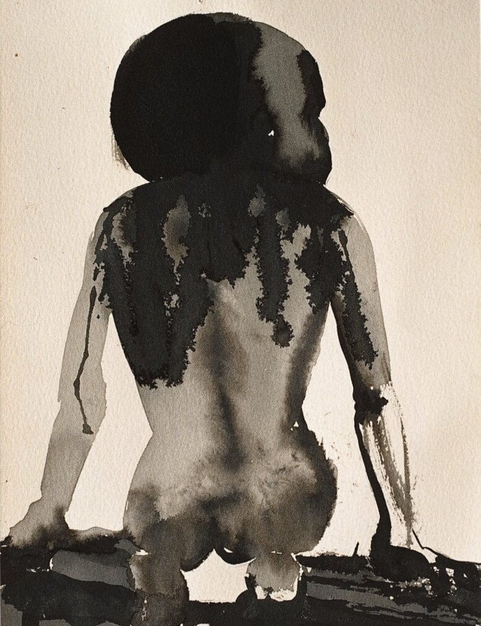 A black ink painting of a figure