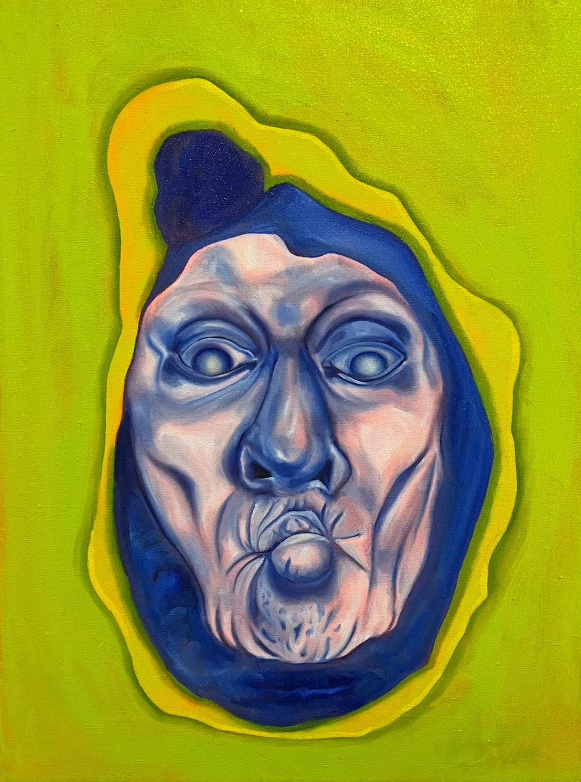 Painting in a surreal style. On a lime green backdrop is a giant open oyster. It is yellow and navy blue with a peach and blue human face. The face purses its lips.