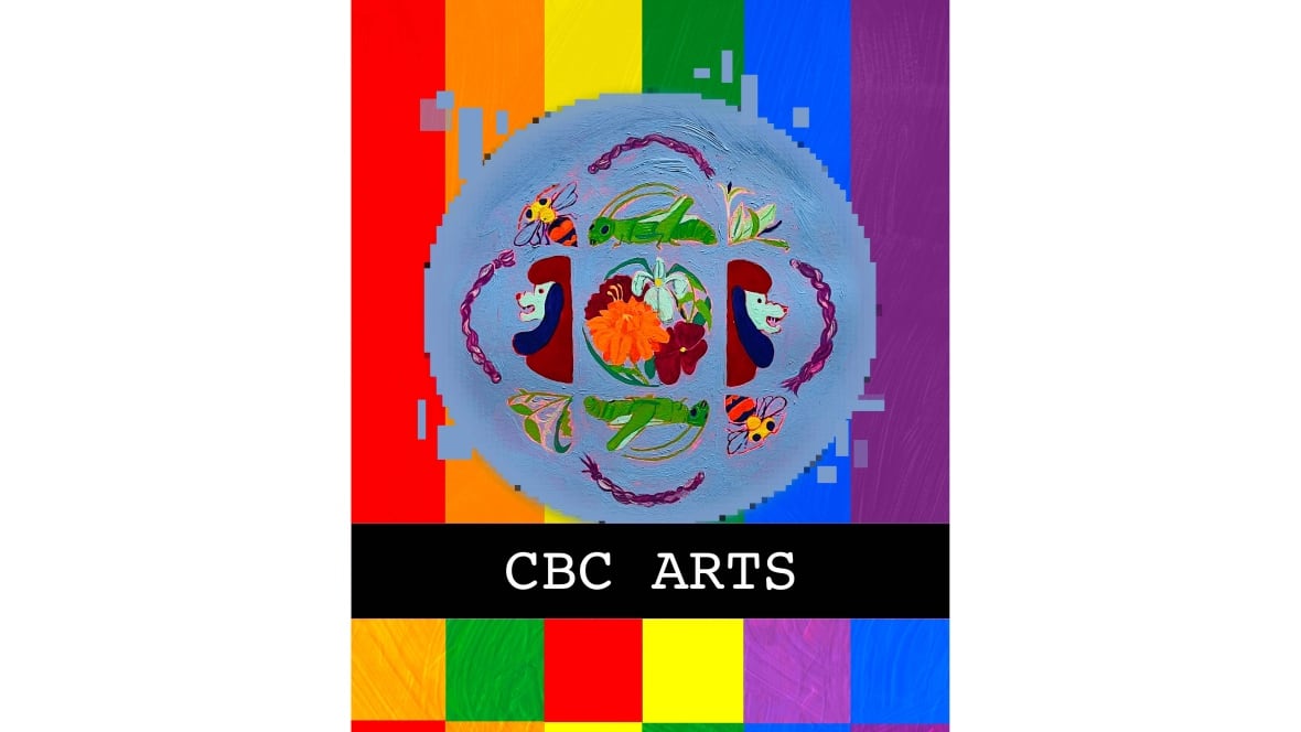 Illustration of the CBC Arts logo. It is made using oil paint and digital tools and features a bold palette of rainbow colours. The background resembles a TV test pattern: vertical stripes in different colours. A black horizontal bar cuts through the canvas. It reads CBC Arts in white typewriter-style text. The gem of the CBC Arts logo appears on a pixellated blue circular backdrop. The segments of the gem have been replaced with small painted illustrations which are rendered in a rough and naive style. The icons include purple braids of sweetgrass, green grasshoppers, yellow and orange insects, a bouquet of flowers and two floppy-eared blue and brown dogs.