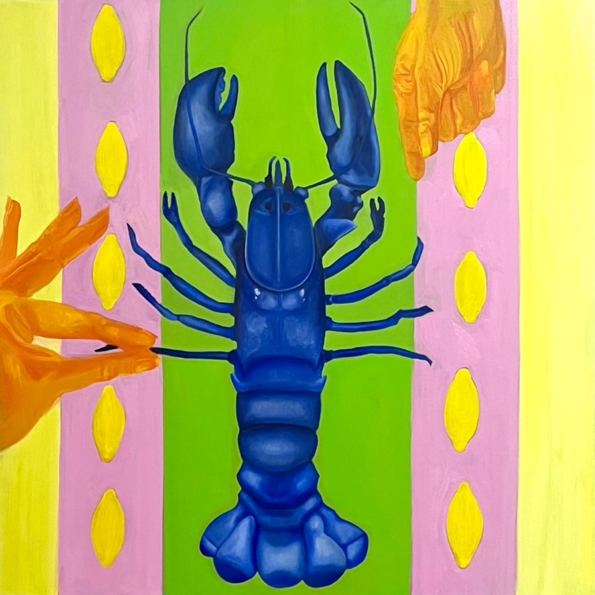 Painting in a surreal style. Composition is dominated by a blue lobster, realistically rendered, as seen from above. Two orange human hands point and pull at the lobster. The background is a striped colour field of yellow, pink and lime green with a pattern of rows of yellow lemons.