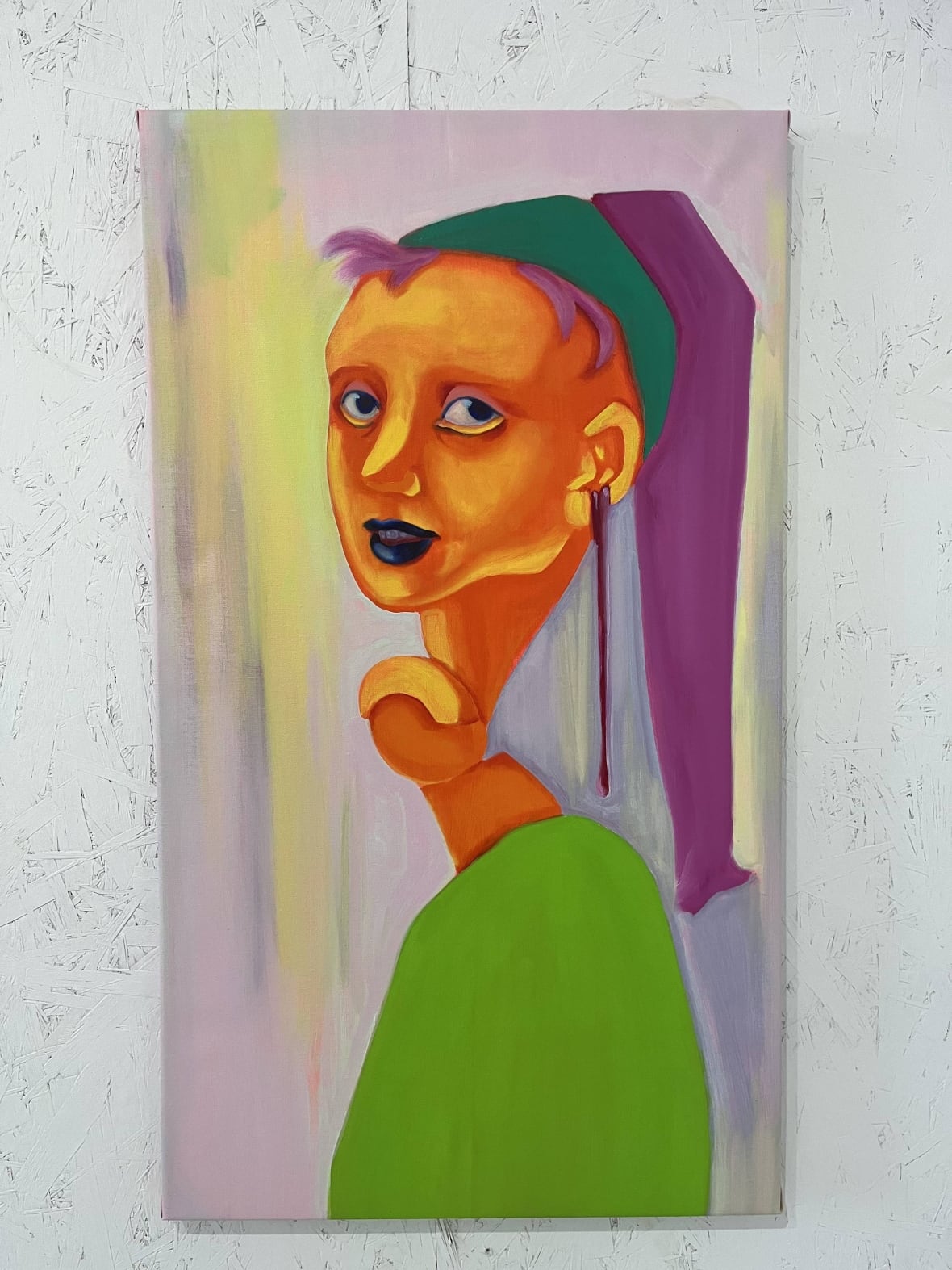 Oil painting in the style of the Girl With the Pearl Earring, rendered in a simplified surreal style. A female figure looks over her shoulder at the viewer. She has orange skin and her neck appears to be tied in a knot. She has a long, droopy purple earring and wears a green and purple scarf on her head.